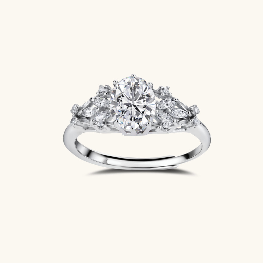 Celestial Promise Ring featuring a moissanite center stone and halo setting in sterling silver, perfect for proposals.