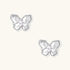 Silver butterfly stud earrings with marquise center stone and pavé crystal border on white background