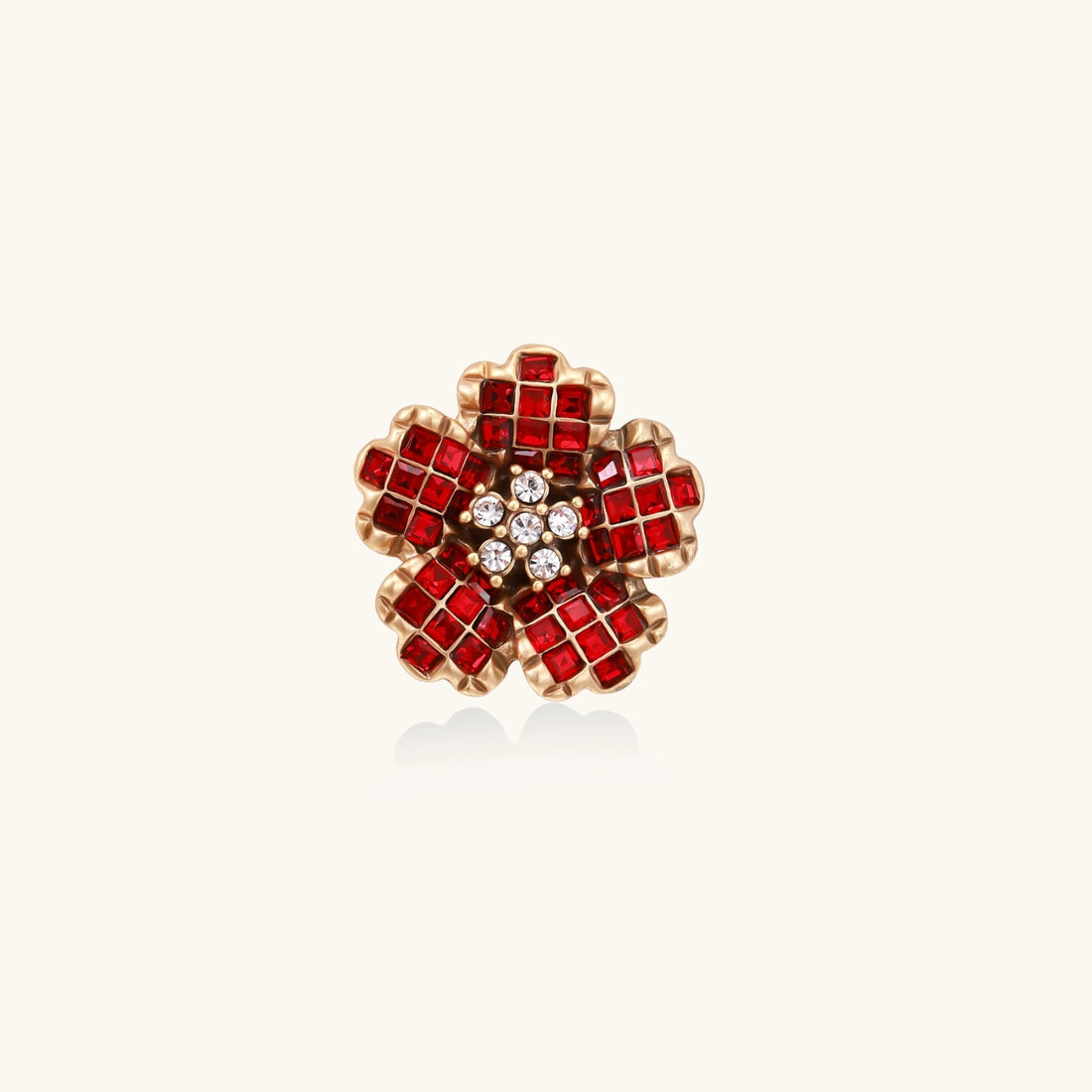 Gold-plated brass ring with red zirconia petals &amp; crystal center in dimensional floral design