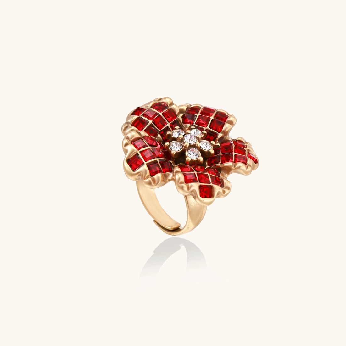 Gold-plated brass ring with red zirconia petals &amp; crystal center in dimensional floral design